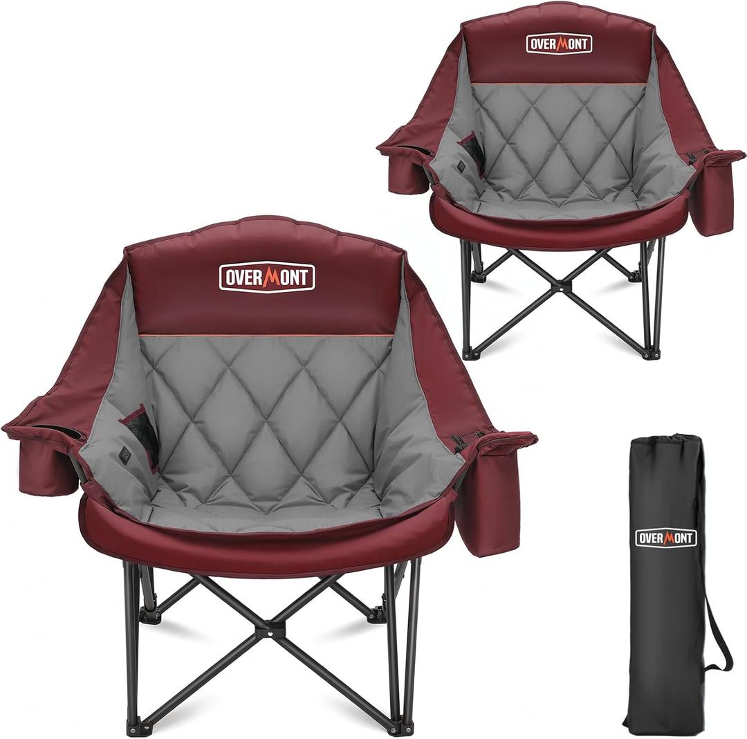 Overmont 2PCS Oversized Camping Chair for Adults - 400lbs Support Heavy Duty Padded Folding Chair with Cooling Bag Cup Holder Side Pocket Carry Bag - Comfortable Portable for Outdoor Garden Sports (Red)