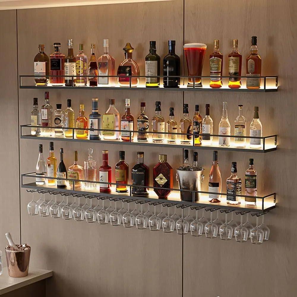 47.2" Wall Mounted Wine Rack with Lights, 3-Tier Floating Bar Shelf