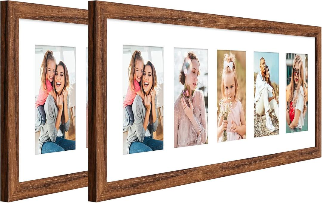 8x24 Collage frame with 5 Openings 4X6 Pictures, Multiple Picture Frame with Mat, Wall or Tabletop Decor, Carbonized Brown Wood Grain,2 Pack