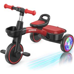 SEREED Colorful Lighting Toddler Tricycle for 2-5 Years Old Boys Girls, Adjustable Seat&Handlebar Trike, Removable Basket, Birthday Gift Idea for Kids Ages 2+ (Red Black)