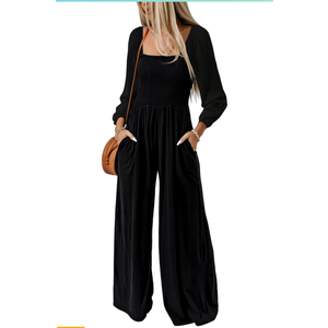 Dokotoo Women's Casual Loose Overalls Jumpsuits One Piece Long Sleeve Wide Leg Long Pant Rompers With Pockets, XL