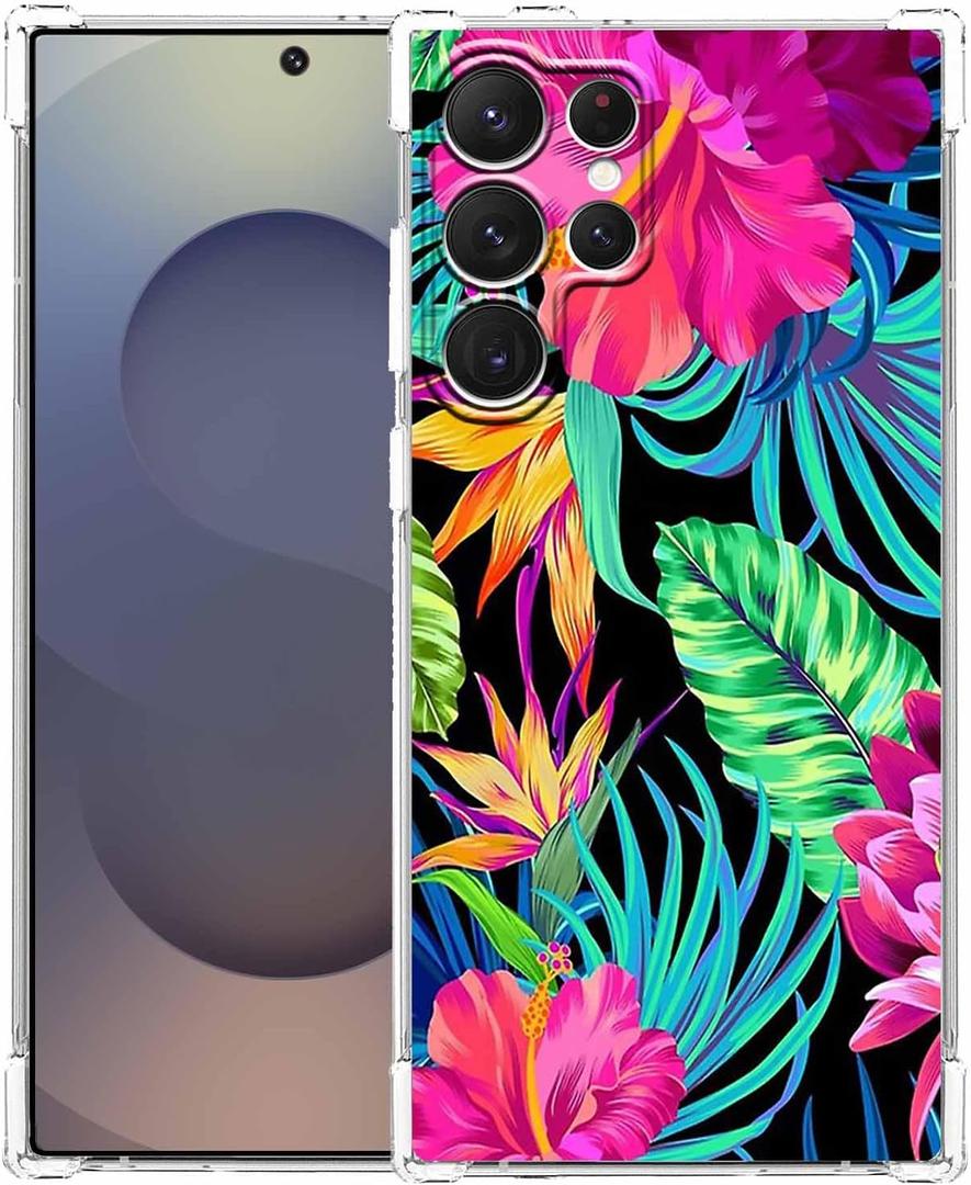Hibiscus Flower Case for Samsung Galaxy S25 Ultra,Aesthetic Tropical Floral Plant Pattern,Trendy Soft TPU Bumper Case for Galaxy S25 Ultra