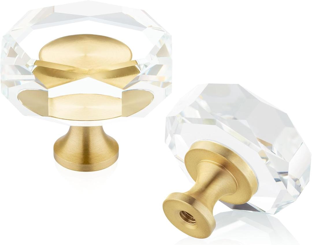 QOGRISUN 10-Pack Brass Crystal Cabinet Knobs,Glass Crystal Gold Drawer Knobs,1-1/4-Inch Polygon,Decorative Dresser Pulls, Modern Cabinet Hardware