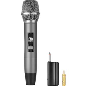 Rechargeable Wireless Microphone, Two Metal UHF Microphones with 1/4" Receiver, Plug-and-Play for Karaoke Singsing, Lecture, Stage Performance, PA System (Gray - One Mic)