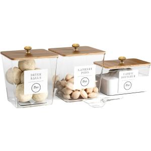 3 Pack Acrylic Laundry Room Organization Containers with Gold & Wood Knobs  Laundry Pods Container & Detergent Organizer Set | Clear Laundry Jars | Scoops & Customizable Labels | Storage Canisters