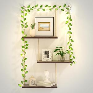 Hanging Shelves for Wall, 3 Tier Boho Wall Decor Hanging Shelf with Vine Lights, Rope Rustic Wood Floating Shelves Floral Plant Decor for Bedroom Living Room Dorm Office Women (Dark Brown)