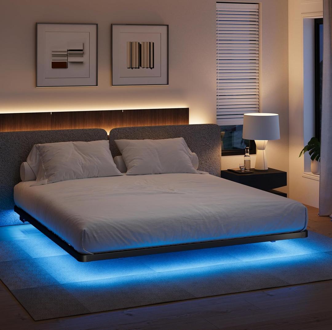 Floating Bed Frame Queen, with Led Lights and Type-C & USB Charging Station, Queen Floating Bed Frame 8 Inch High, No Box Spring Needed, Easy to Assemble, Black