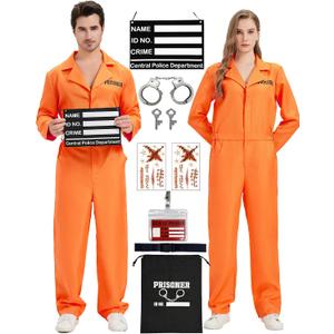 Prisoner Jumpsuit Orange Prison Inmate Costume Jail Criminal Cosplay Outfit for Men Halloween