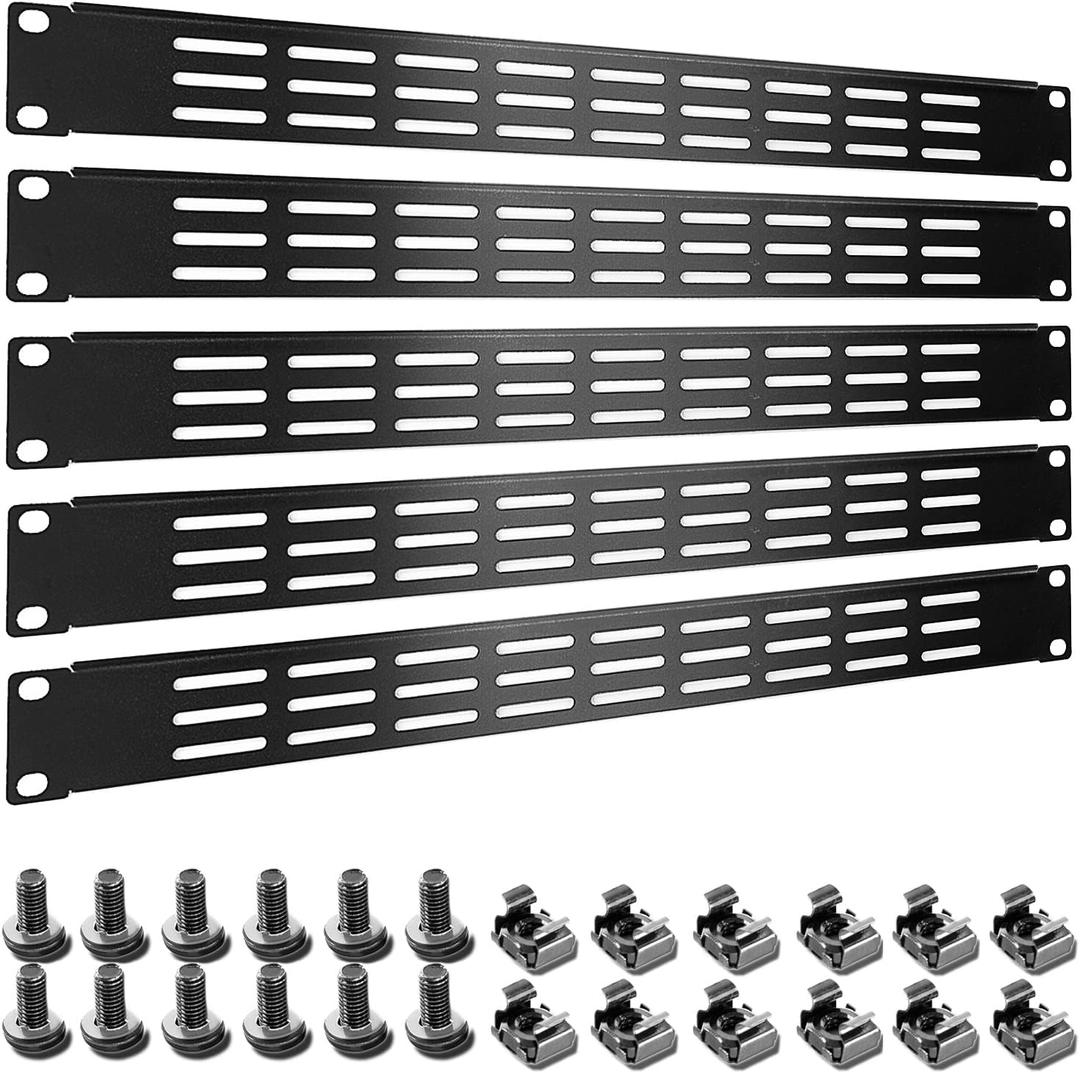 1U 2U 3U Blank Rack Mount Panel, Spacer Black Rack Mount Cover Support bar for Enclosure Network Cabinet Cable Management Bar Slot (Vented 1U 5PCS)