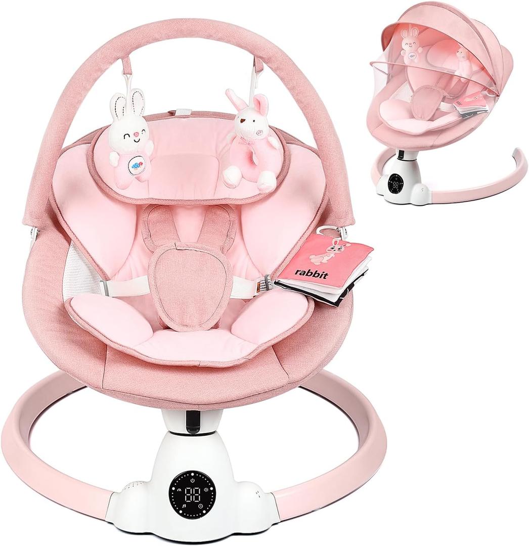 Baby Swing for Infants, Portable Electric Baby Swings with Bluetooth, 5 Swing Speed, 10 Lullabies, 5-Point Harness, Remote Control & Touch Panel - Infant Swing for Indoor & Outdoor Use, Pink