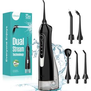 COSLUS ADA Accepted Water Dental Flosser Teeth Pick C20: Portable Cordless Oral Irrigator 300ML Rechargeable Travel Irrigation Cleaner IPX7 Waterproof Electric Flossing Machine, Professional Set Black