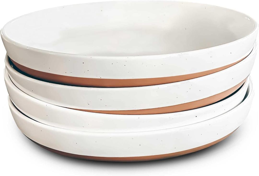 Setof 3 Mora Ceramic Flat Pasta Bowl Set of 4-35oz, Microwave Safe Plate with High Edge - Modern Porcelain Dinnerware for Kitchen and Eating, Large Wide Bowls/Plates for Serving Dinner, Salad, etc- Vanilla