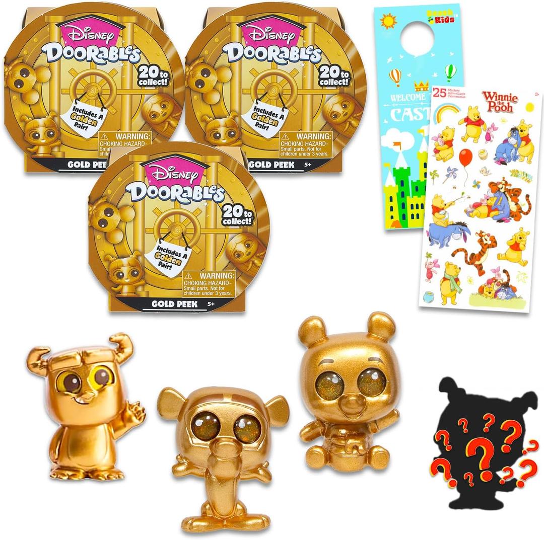 Disney Doorables Gold Peek Collector 3 Pack - Bundle with 3 Disney Doorables Mini Peek Gold Figures for Kids and Adults Plus Stickers, More | Disney Mini Figures