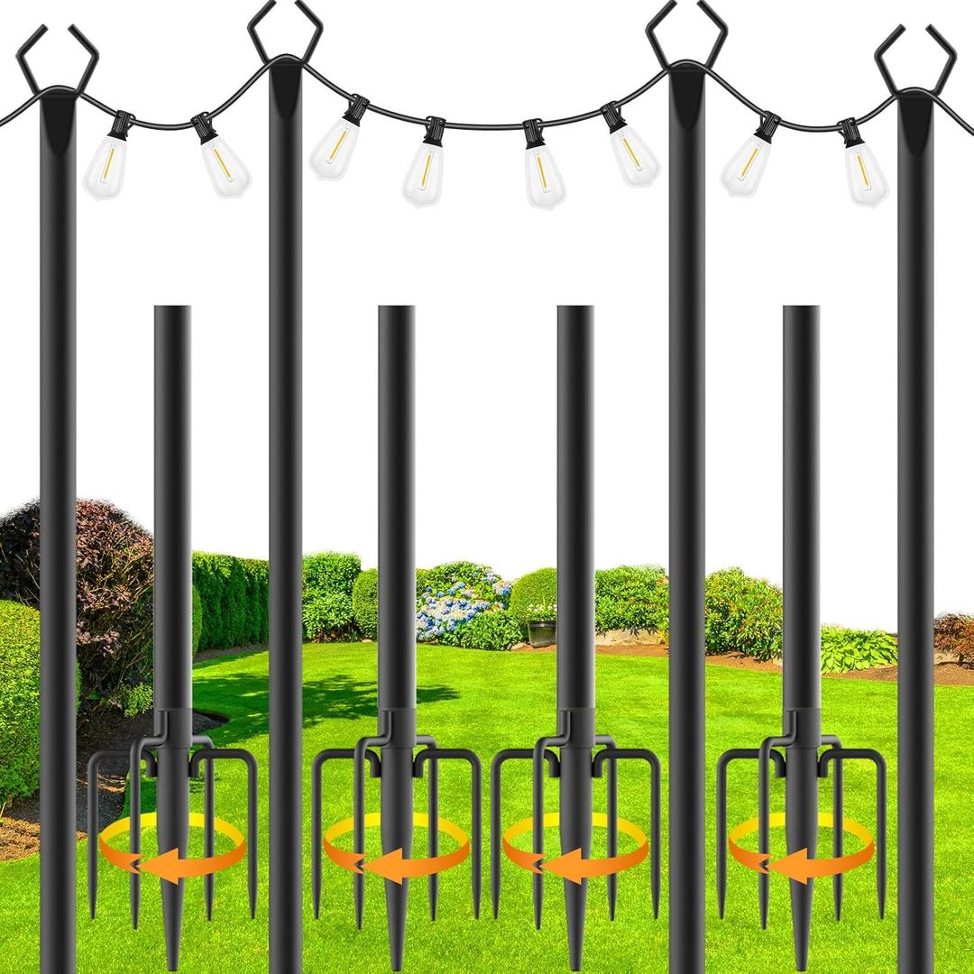 zoegi 4 Pack 10Ft String Light Poles, Light Poles for Outside Lights with Fork, Outdoor Brackets Hanging Lights, Metal Stand for Deck Patio, Backyard, Wedding, Deck, Party