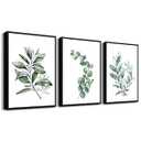 Black Framed Canvas Wall Art for Living Room - Large Size Decor for Bedroom, Green Leaves Paintings, Office Pictures, Kitchen and Bathroom Decoration - Set of 3 Piece Framed Art Prints