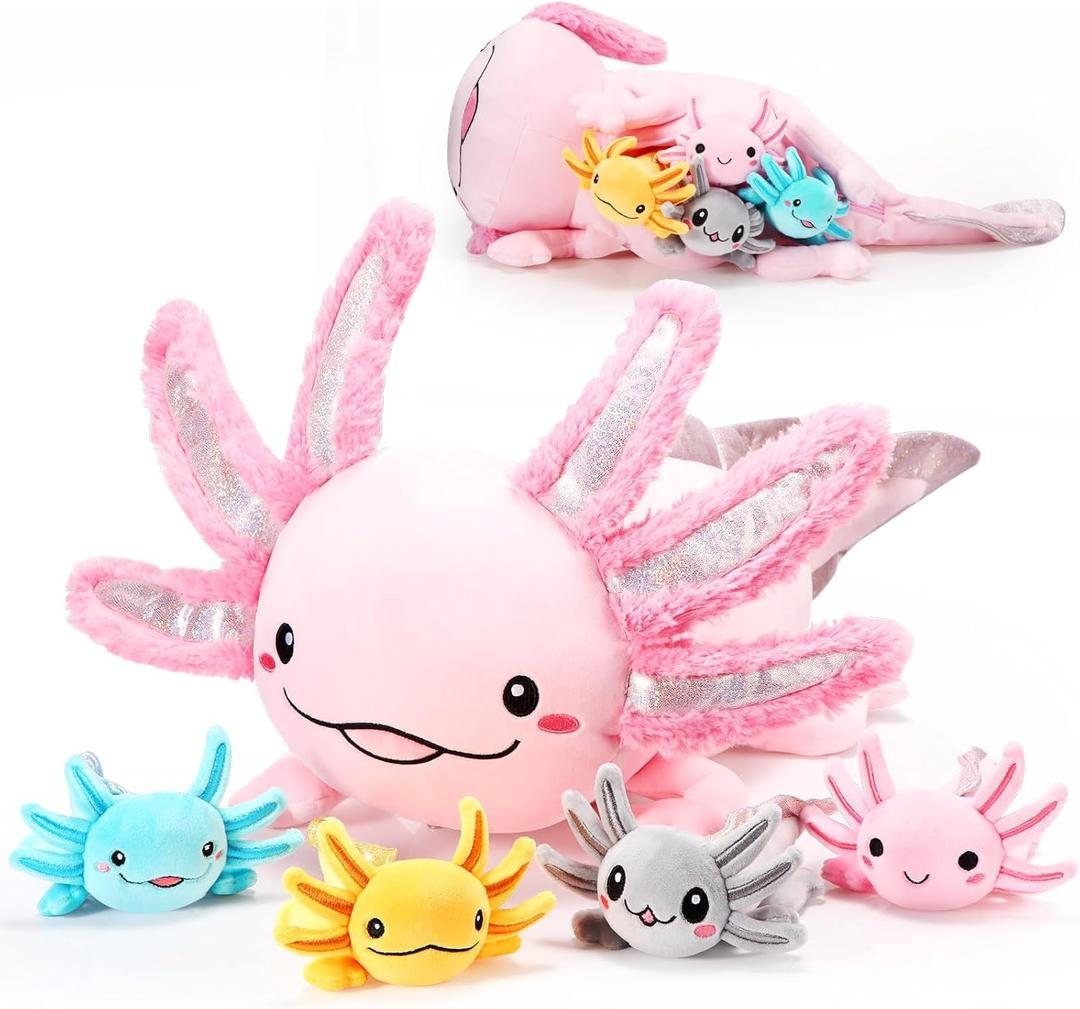 Aoriher 5 Pcs Axolotl Plush Set 24 Inch Mommy Axolotl Stuffed Animal with 4 Cute Plush Babies in Belly Soft Cuddly Plushie for Kids Sleeping Birthday Graduation Valentine Gift Party Favors(Pink)