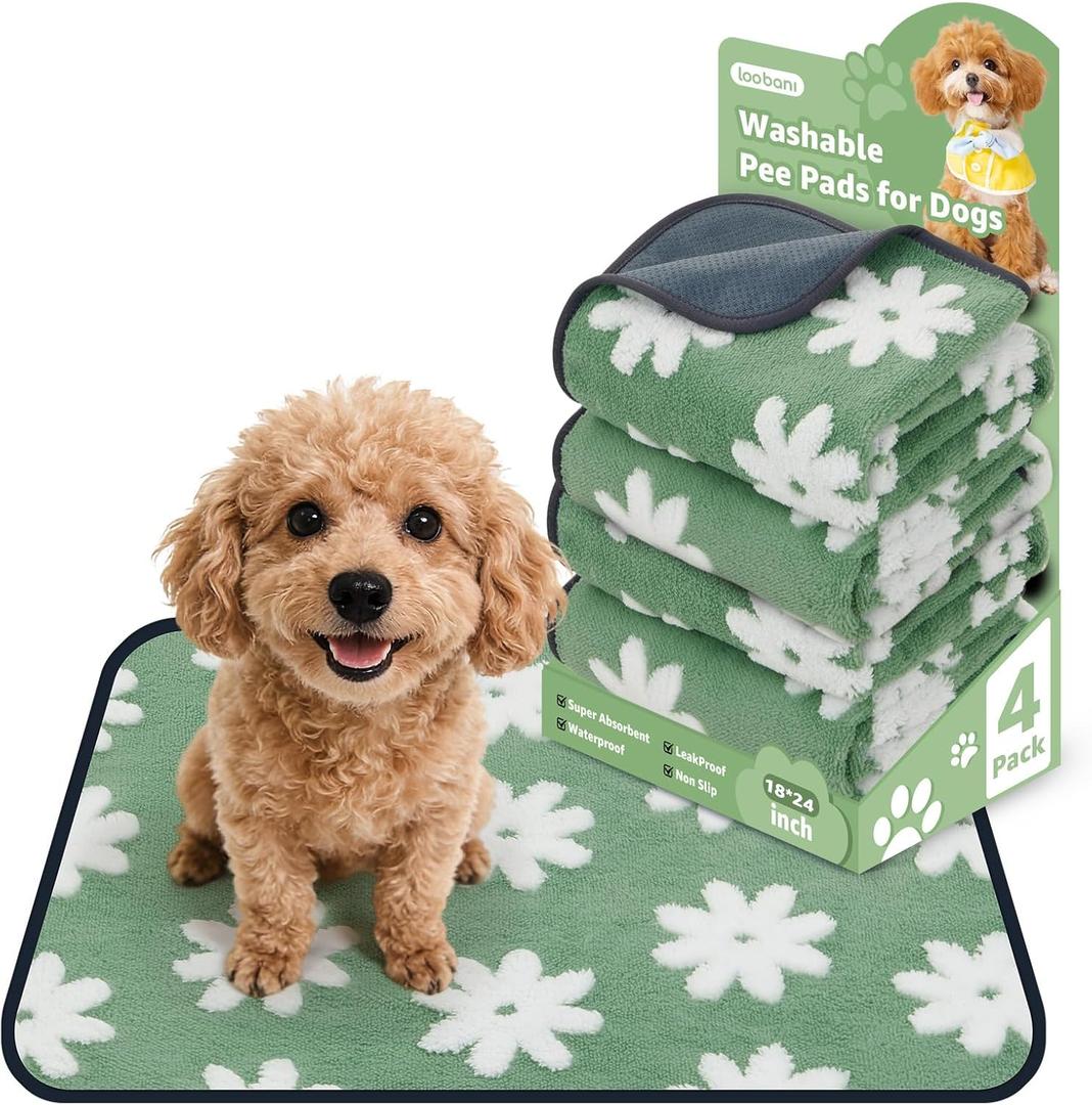 LOOBANI Washable Puppy Pads: Waterproof Reusable Pee Pads for Dogs, Non-Slip and Leak-Proof Dog Pee Mat, Absorbent Dog Training Pads for Puppy Playpen, Crate, Potty Training (18"x24", 4 Packs) (Green Daisy)