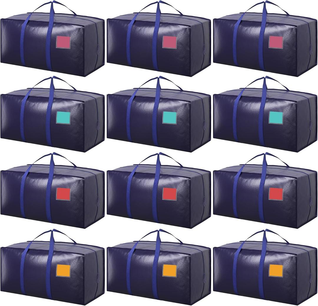12 Pack Moving Bags with Full-Open Side Zipper, Extra Large 93L Heavy Duty Waterproof Foldable Storage Totes for College Dorm, Moving & Home Organization, Dark Blue
