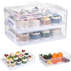 2 Tier Cupcake Carrier, Each Tier Holds 12 Cupcakes, 2 in 1 Stackable Cupcake Container and Cake Keeper with Lid, Clear Plastic Box Holding 24 Pastries for Birthday Party Bakery Supplies