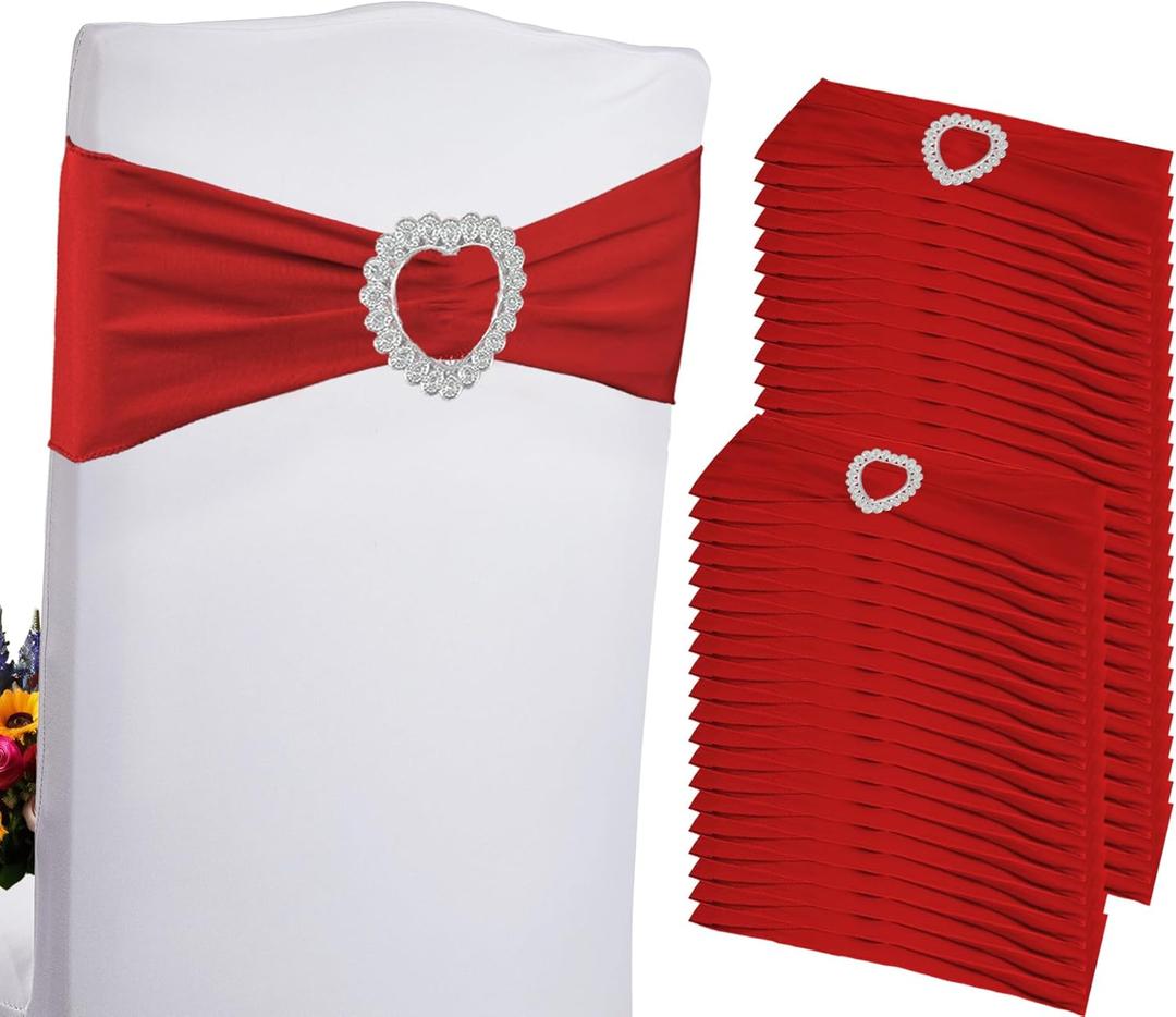 Zrlljp 100PCS Spandex Stretch Red Chair Sashes Bows Universal Elastic Chair Cover Bands Ties with Buckle Slider for Wedding Party Birthday Reception Event Banquet Decoration(Red)