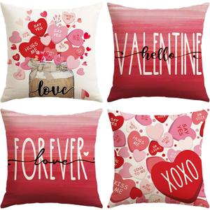 Artscope Valentine's Day Love Forever Throw Pillow Covers 18x18 Inch Set of 4, Valentine Wedding Red Pink Love Heart Decoration Pillow Cases for Home Sofa Couch