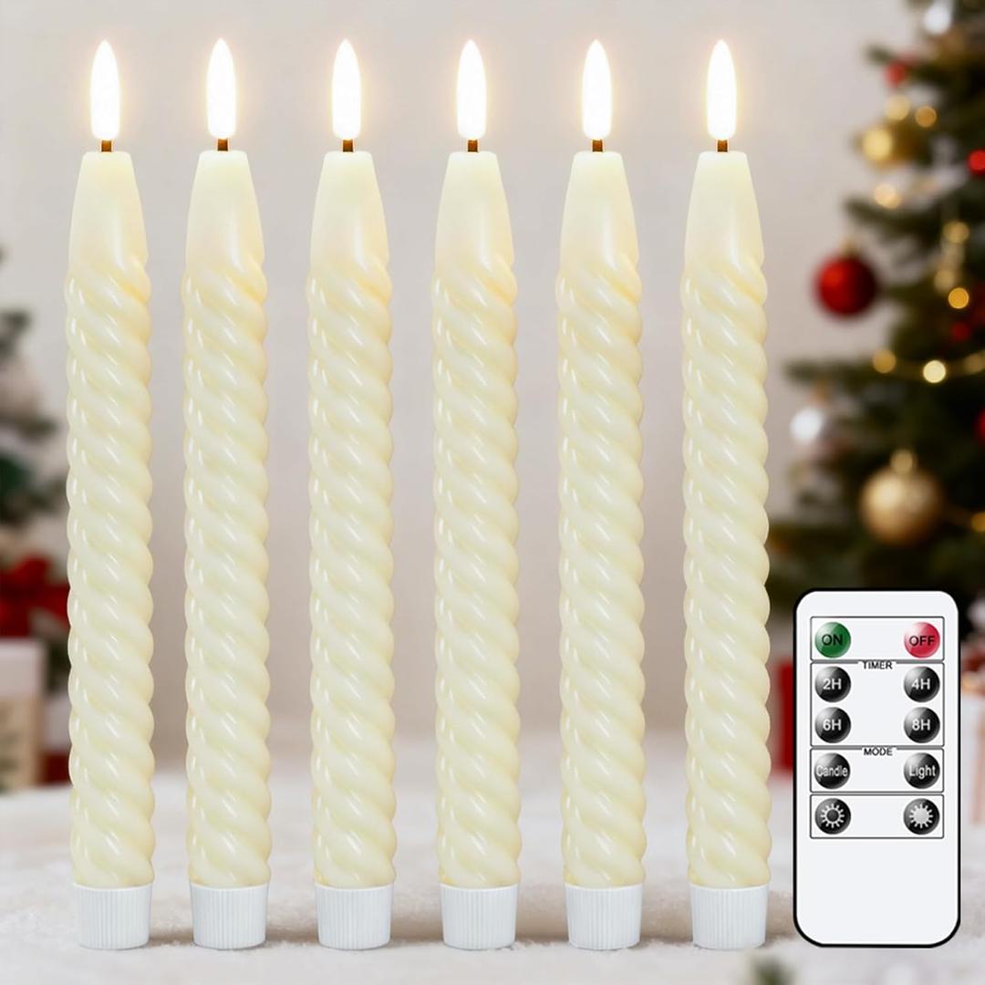 Flameless Taper Candles Flickering with Remote Timer, LED Taper Candles Battery Operated Warm 3D Wick Spiral 6 Pack Real Wax Home Birthday Decor 9.8" Ivory