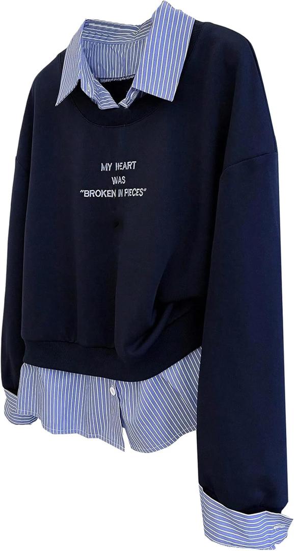 GORGLITTER Women's Plus Size Sweatshirt Striped Patchwork Collared 2 in 1 Graphic Long Sleeve Pullover Trendy Outfits 2025 (Black, XXXL)