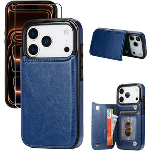 for iPhone 17 Pro Wallet Case with Screen Protector, Slim PU Leather Protective Case with Card Holder[RFID Blocking] Kickstand Cover 6.3 -Deepblue