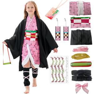 Kids Kimono Costume Cosplay Outfits Set Cloak Halloween Uniform Jackets Cape Costume for kids Adult (Tag 120, Pink Accessory Set)