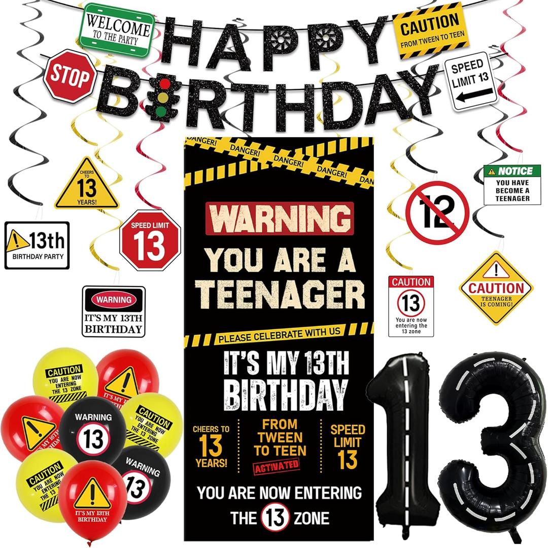 Roetyce 13th Birthday Decorations Boys Girls, Black Happy 13th Birthday Banner Backdrop Balloons Hanging Swirls, Caution Logo Themed Teenager 13 Years Old Party Yard Door Wall Cover Background
