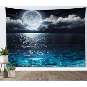 LB Night Sky Ocean Tapestry Full Moon on Sea Tapestry Wall Hanging Fantasy White Cloud Watercolor Wall Art for Bedroom Living Room Dorm Wall Decor, 59Wx51H inches (Blue)