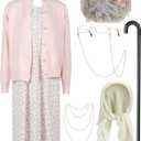 7 Pcs Halloween Old Lady Costume for Women Adult Grandma Costume Outfit Dress Granny Sweater Nightgown Wig (Large, Purple)