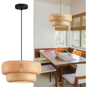 hualuosi Bamboo Lights Fixtures 14.2in Rattan Pendant Light Kitchen Island 2-Tier Wicker Hanging Lights Boho Dining Room Lighting Woven Chandelier for Bedroom Restaurants Reading Nook Foyer
