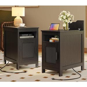 Huuger Narrow Night Stand Set of 2, End Table with Charging Station, USB-C Port, Rattan Side Table with Cabinet and Open Shelf, Synthetic Rattan, for Small Spaces, Bedroom, Black, 13.4" L x 23.6" W x 22.8" H