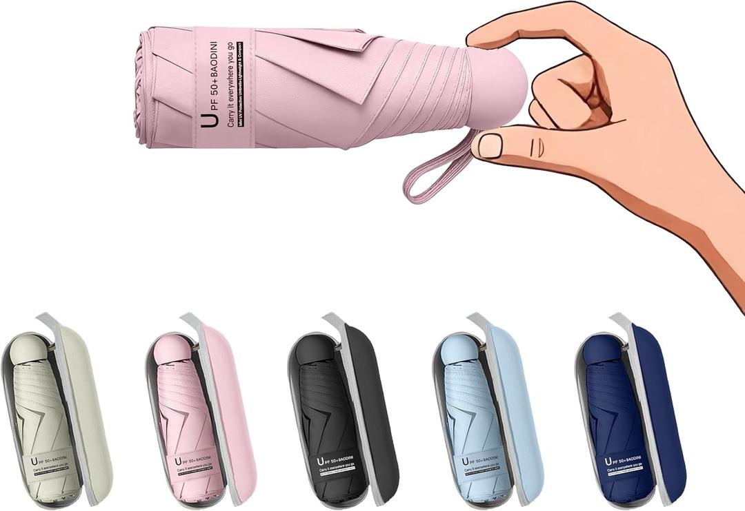 BAODINI Travel Mini Umbrella for Purse With Case Small Compact UV Sun Protection Sun Lightweight Tiny Pocket Umbrella for Women Girls and Men (1-Pink)