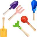 UMUACCAN 6 Piece Kids Beach Tools,Children Beach Sand Toys, Made of Metal with Sturdy Wooden Handle,Safe Beach Gardening Set,Spoon, Fork, Trowel, Rake & Shovel for Kids