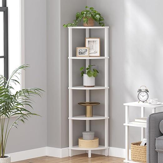 5 Tier Corner Shelf with Ladder, Storage Shelf, Plant Shelf for Kitchen, Living Room, Industrial Design, White
