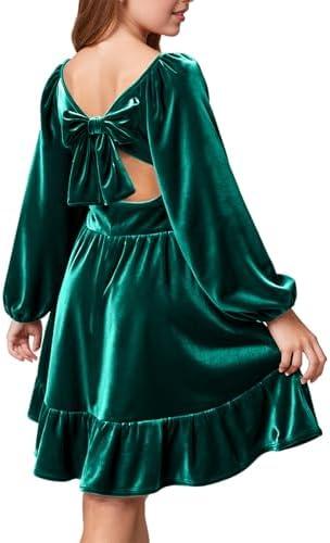 WIFFGO Girls Christmas Dress Fall Velvet Tie Back Long Sleeve Elegant Party Gifts for Outfits Kids Teen Winter Dresses Size 160, green