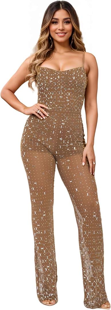 Women's Sparkle Rhinestone Jumpsuits for Women Sexy Party Night Out (Large, Brown-c6556)
