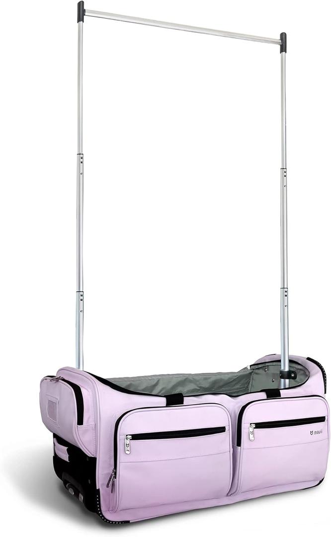 Mavii Dance Bag with Garment Rack, 28 Inch Rolling Duffel, Ideal for Competitions & Travel, Water-resistant/Wipe-clean Fabric, Lightweight Aluminum Rack, Wheeled Upright Luggage, Lavender