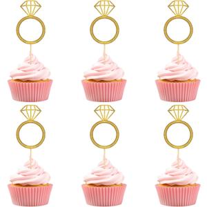 Hooqict 40Pcs Ring Cupcake Toppers Gold Glitter Diamond Ring Cake Topper Decorations Cupcake Picks for Engagement Wedding Anniversary Birthday Bridal Shower Valentines Day Party Decorations