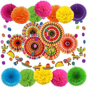 ZERODECO Fiesta Mexican Party Decorations, 21 Pcs Multi-color Paper Fans, Pom Poms Flowers for Cinco De Mayo Taco Themed Birthday Party Supplies