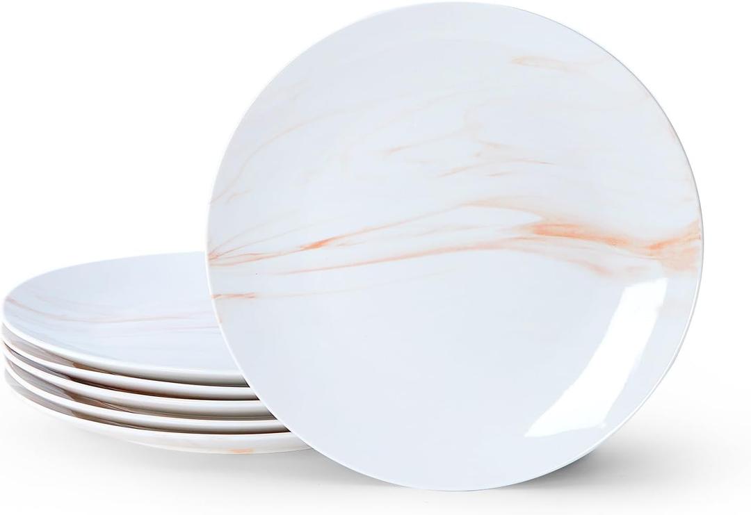 bestone Dinner Plates, 10.5 Inch Plates Set of 6, Porcelain Round Dessert Salad Dinner Plates, Serving Dishes for Kitchen, Dishwasher, Microwave, Freezer, Oven Safe, Marble Orange