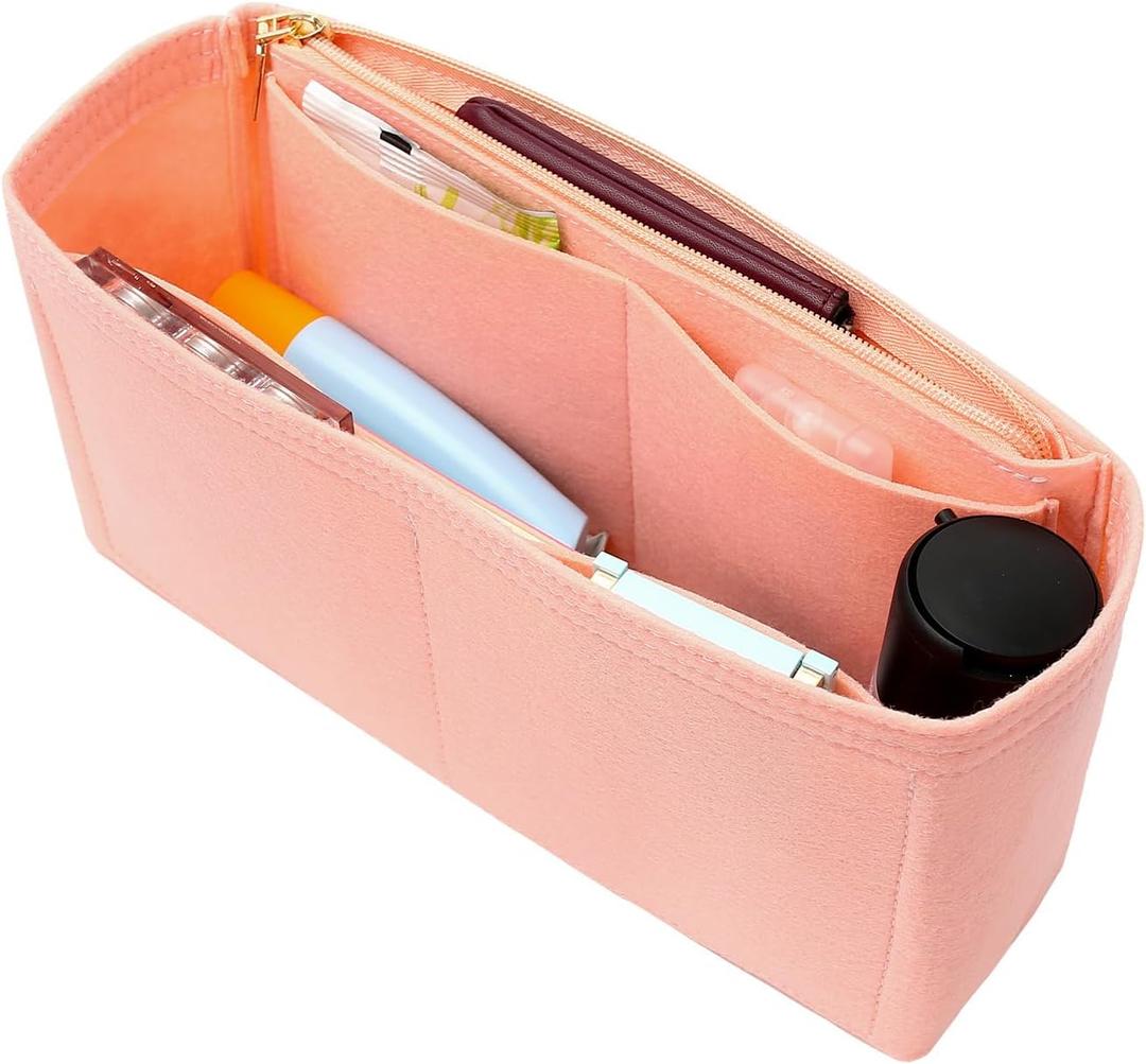 Surblue Purse Organizer Insert for Handbags, Felt Bag Organizer with Zippers Handbag Shaper Pouch for Classic 19 Flap Bag, Marmont, Onthego,Lightpink, Slender M