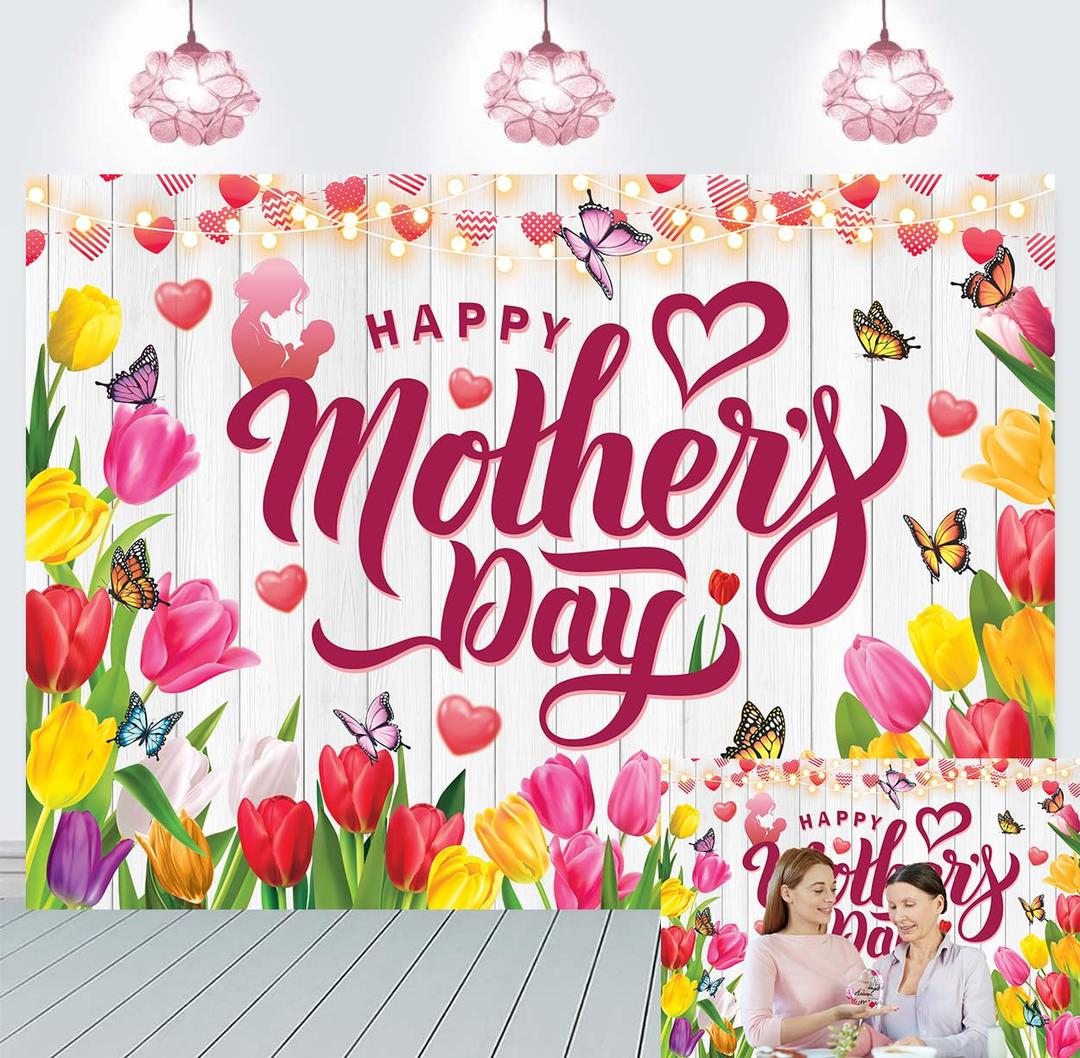 Happy Mother's Day Backdrop Tulip Floral Heart Mom-Baby Silhouette Background for Mother's Day Birthday Party Decoration Family Event Supplies Photo Booth Props 10x8FT