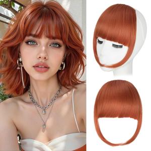 Clip in Bangs, Synthetic French Bangs Hair Clip, Copper Red Fake Bangs Fringe with Temples Hairpieces for Women Natural Curved Hair Extensions for Daily Wear