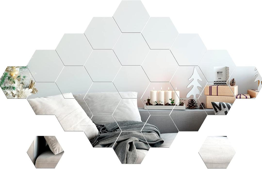 Jetec 32 Pcs Hexagon Mirror Wall Stickers Removable Silver Acrylic Mirror 2 x 3.4 x 4 Inch Stickers Honeycomb Decals for DIY Home Art Bedroom Living Room Wall Decoration