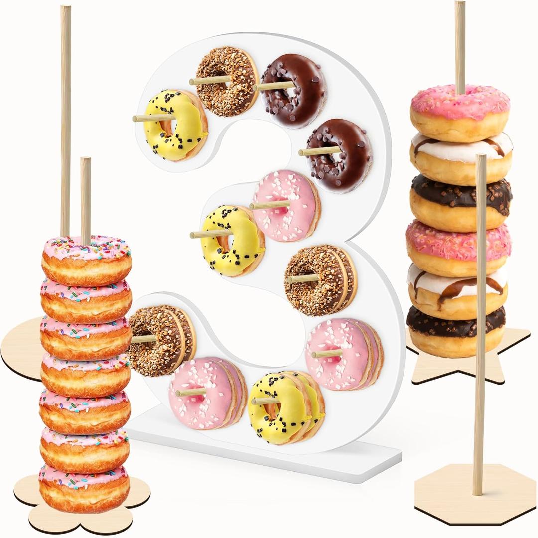 5 Pcs Donut Stand Set, Doughnut Party Supplies Include 1 Pc Digit Donut Wall Display Stand, 4 Pcs Doughnut Wall, for Birthday Wedding Party (White number 3)