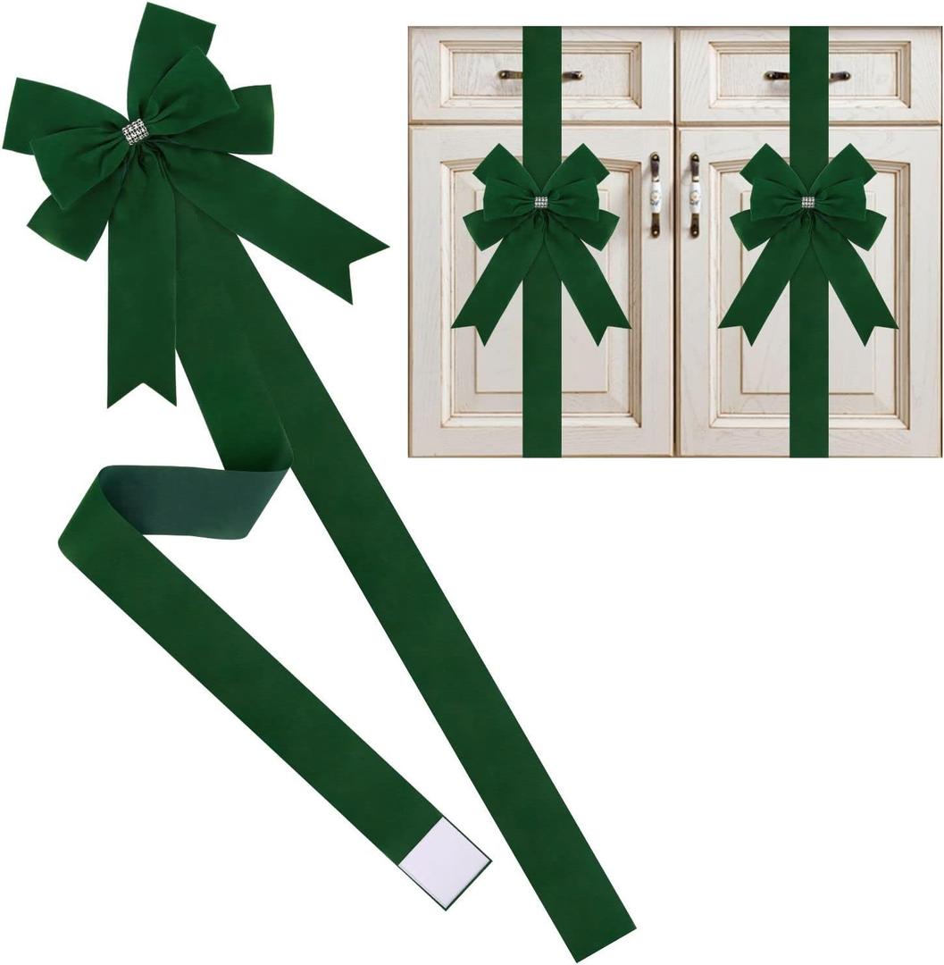 6 Pieces Green Cabinet Bows Large Green Velvet Ribbons Cabinet Door Bows for Thanksgiving Fall Haloween Christmas Party(Green)