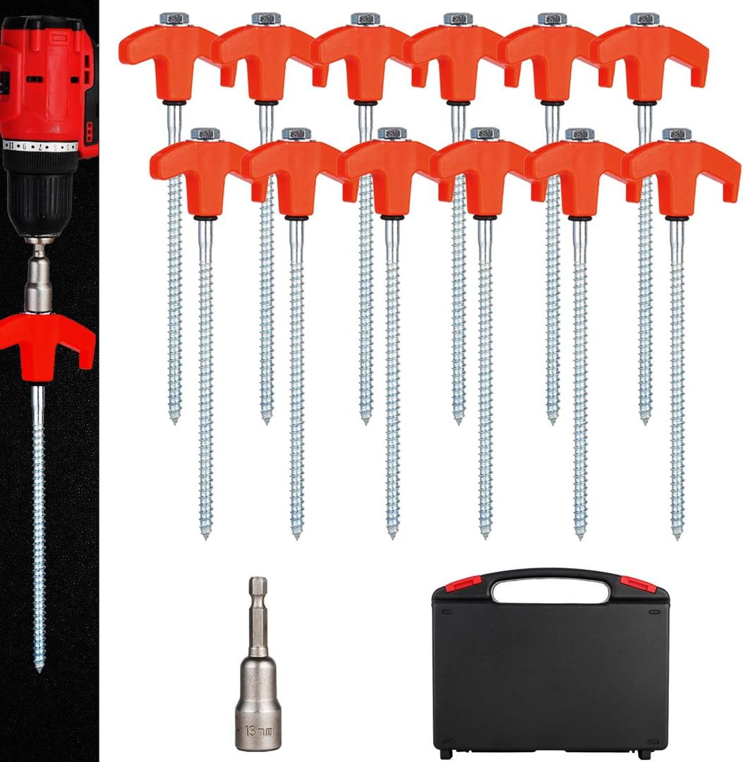 12 Pack Screw in Tent Stakes Heavy Duty,8  Ground Anchors Screw in,Metal Stakes with Hex Head Driver and Sturdy Storage Box. (12, Orange)
